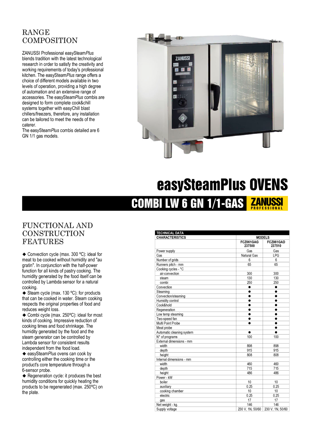 Zanussi 237510, 6 GN 1/1, FCZ061GAD, FCZ061GAG, 237500 dimensions Range Composition, Functional and Construction Features 