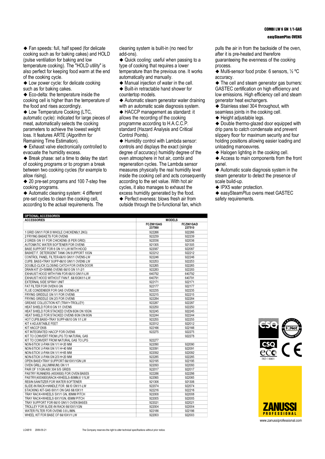 Zanussi FCZ061GAD, 6 GN 1/1, 237510, FCZ061GAG, 237500 dimensions Zanussi 