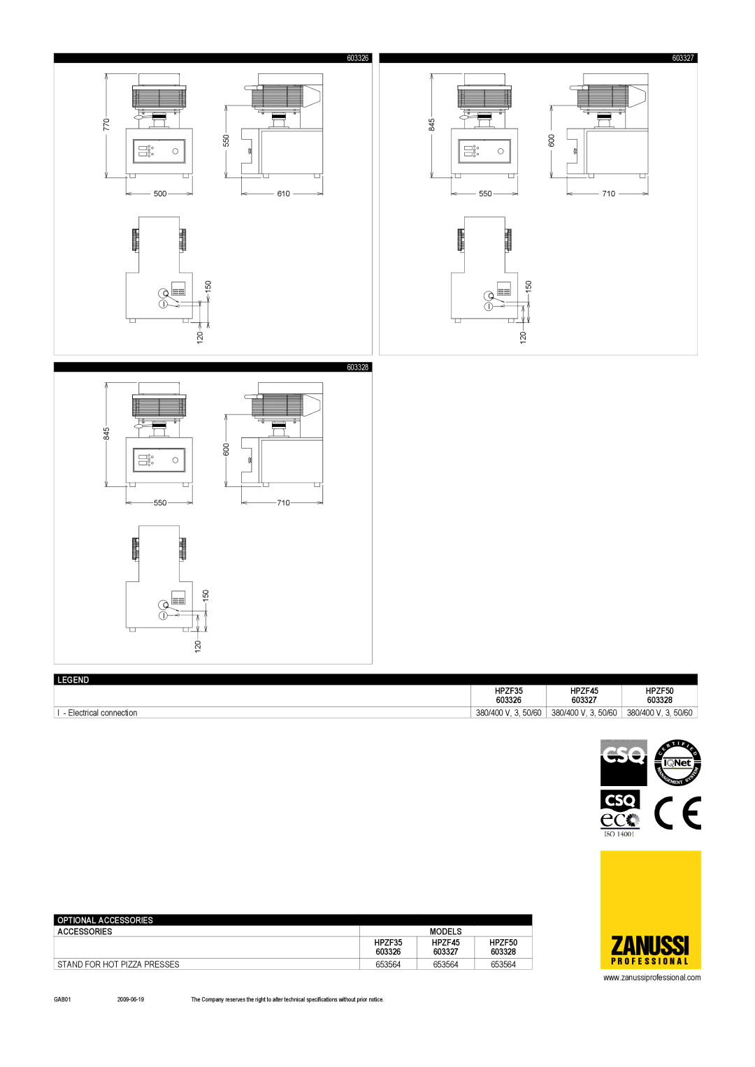 Zanussi 603327, 603328, 603326, HPZF50, HPZF35, HPZF45 dimensions Zanussi 