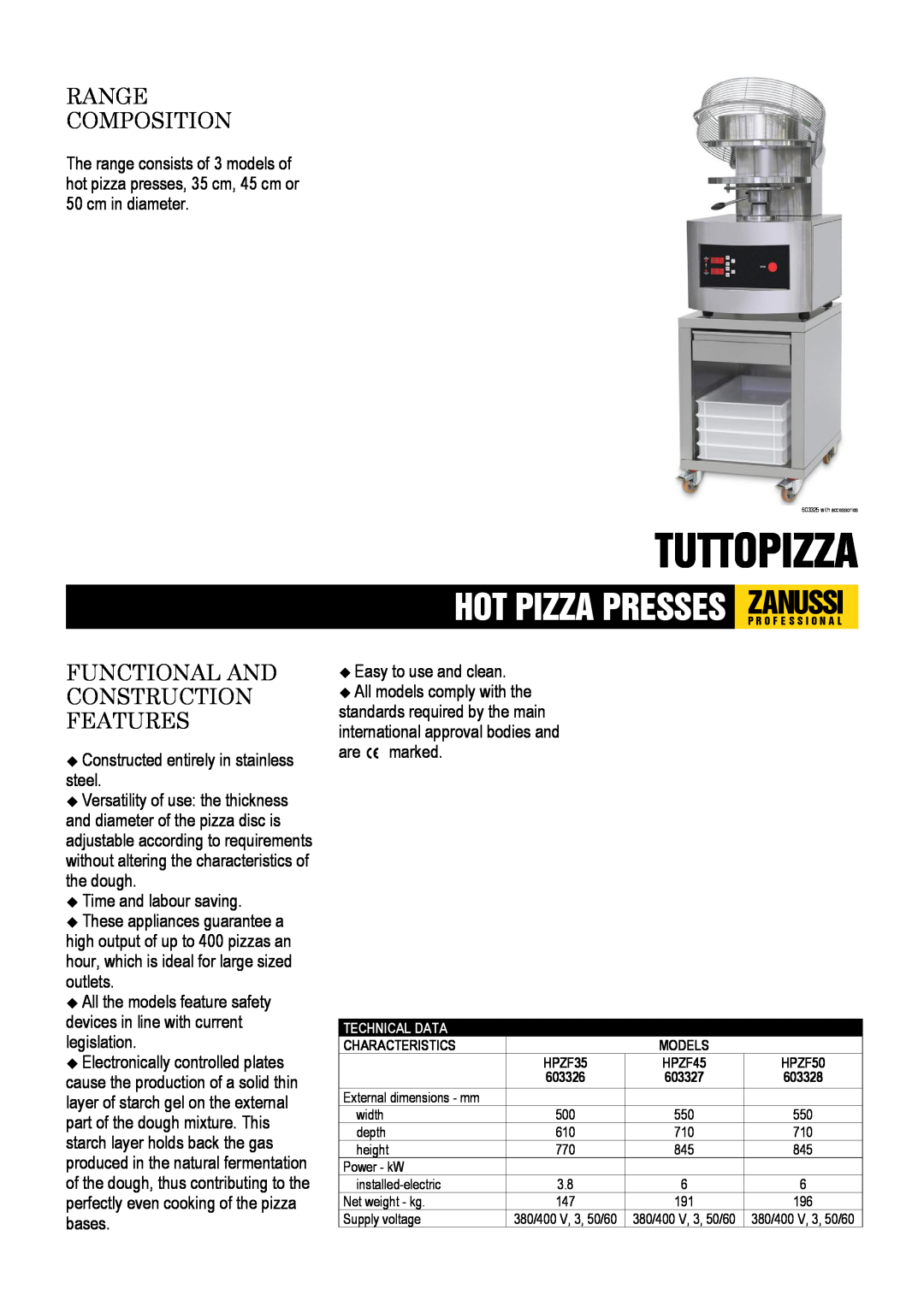 Zanussi 603326, 603328, 603327, HPZF50, HPZF35 dimensions Tuttopizza, Range Composition, Functional And Construction Features 