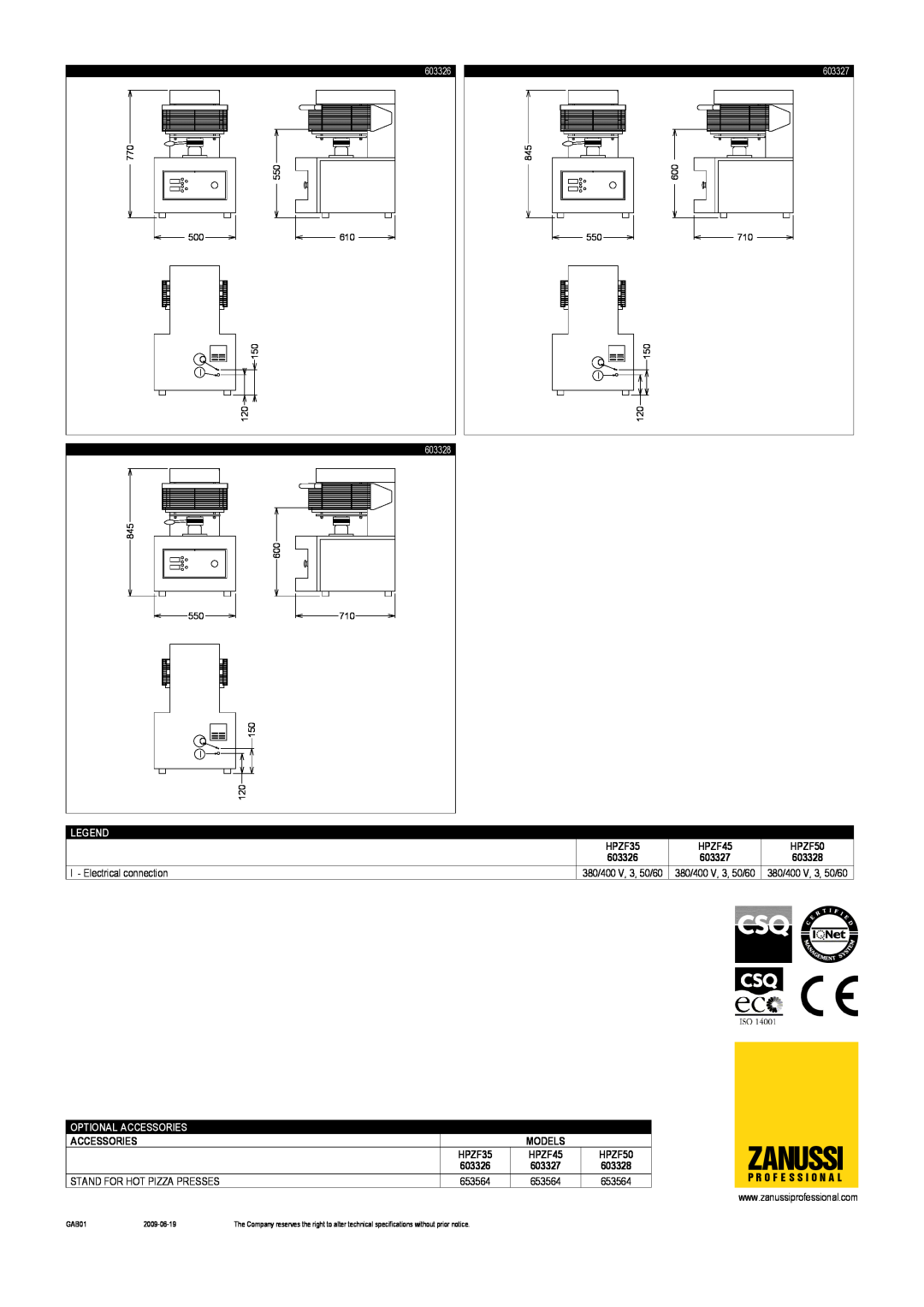 Zanussi 603327 Zanussi, 603326, 603328, I - Electrical connection, 380/400 V, 3, 50/60, Optional Accessories, Models 