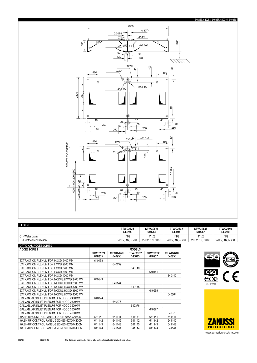 Zanussi 640255, 640256, 640257, 640258, STWC2624, STWC2628, STWC2636, STWC2632, STWC2640, 640045 dimensions Zanussi 