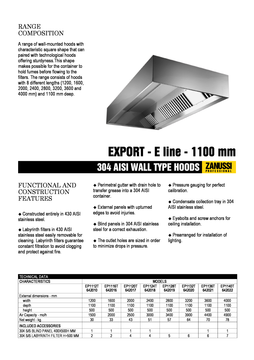 Zanussi 642019, 642016, 642020 dimensions EXPORT - E line - 1100 mm, Aisi Wall Type Hoods Zanussip R O F E S S I O N A L 