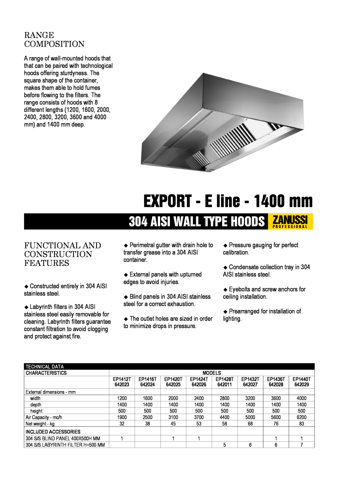 Zanussi 642027, 642028, 642023 dimensions EXPORT - E line - 1400 mm, Aisi Wall Type Hoods Zanussip R O F E S S I O N A L 