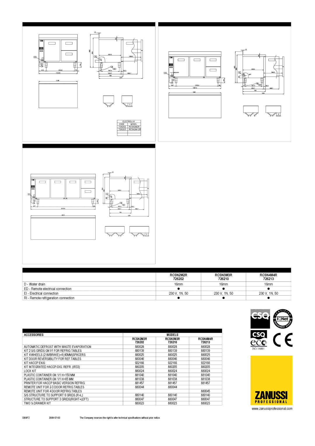 Zanussi 726202, 726213, 726210, RCSN4M4R, RCSN3M3R, RCSN2M2R dimensions Zanussi 