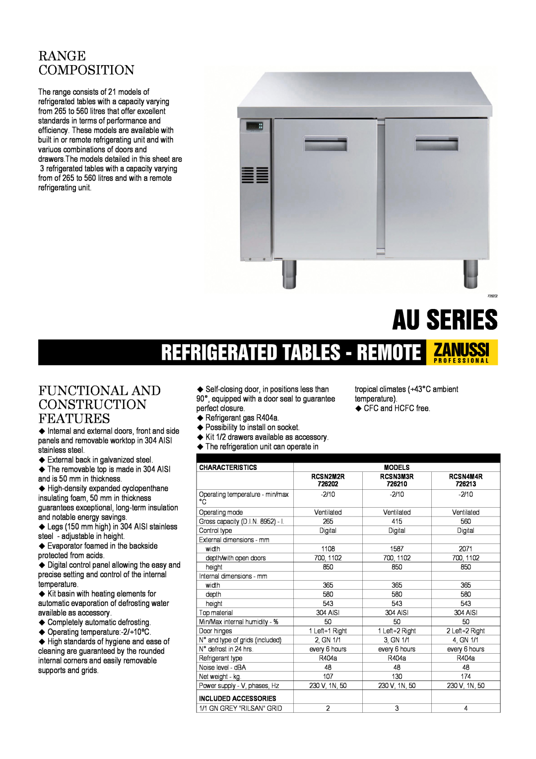 Zanussi 726210, 726213, 726202, RCSN4M4R dimensions Au Series, Range Composition, Functional And Construction Features 