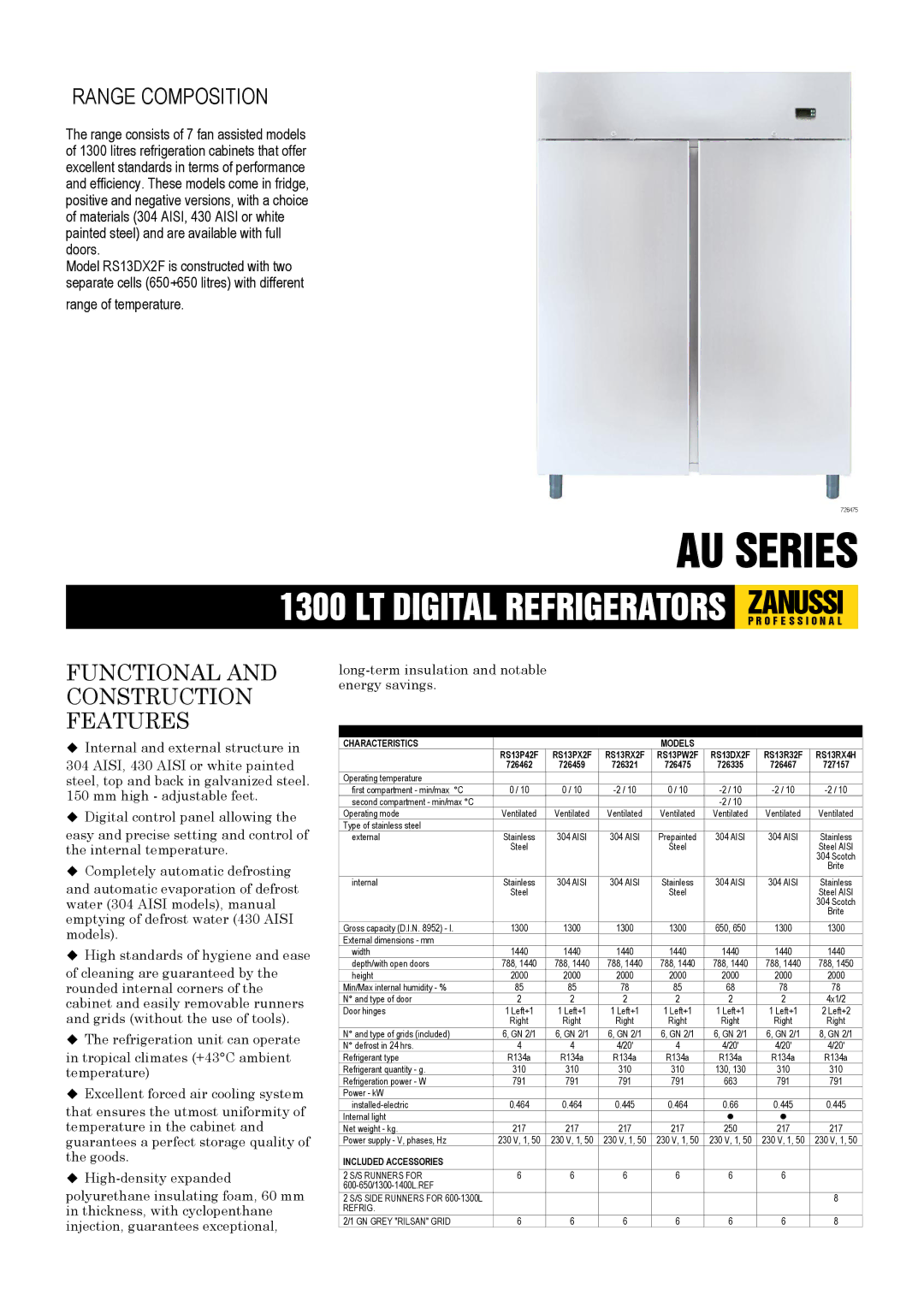 Zanussi 726459, 726335 dimensions AU Series, LT Digital Refrigerators Zanussip R O F E S S I O N a L, Range Composition 