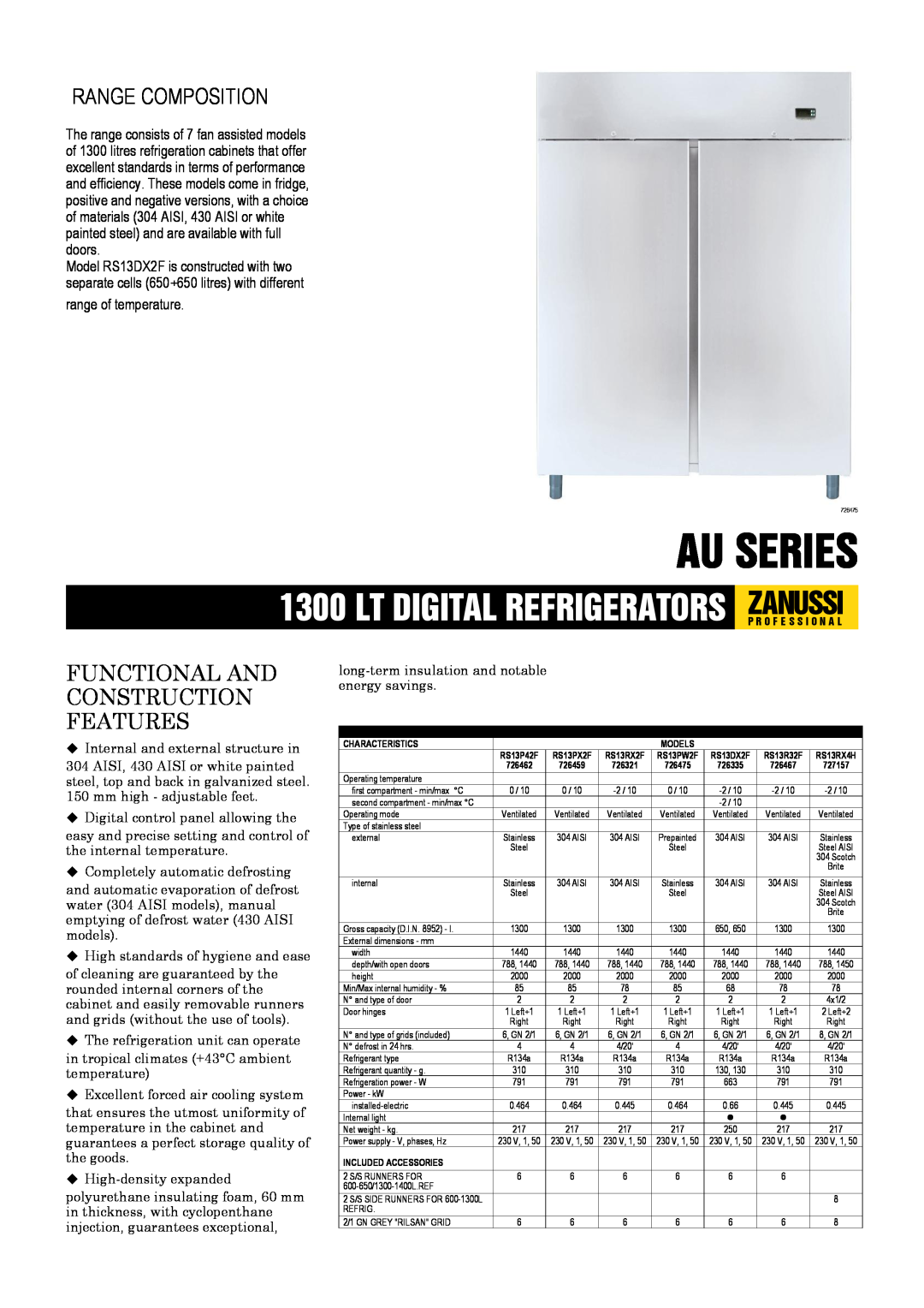 Zanussi 726459, 726335, 726462, 726475, 727157 dimensions Au Series, Range Composition, Functional And Construction Features 