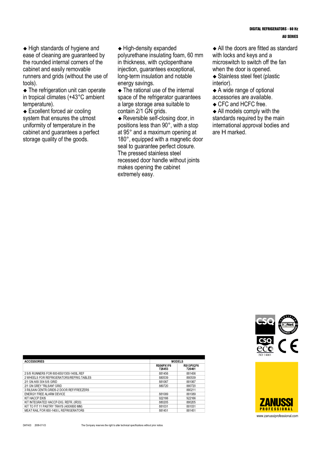 Zanussi RS06PX1F6, 726453, 726461, RS13PX2F6 dimensions Zanussi 