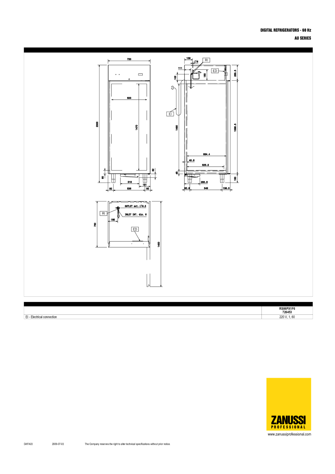 Zanussi RS13PX2F6, 726453, 726461, RS06PX1F6 dimensions Zanussi 