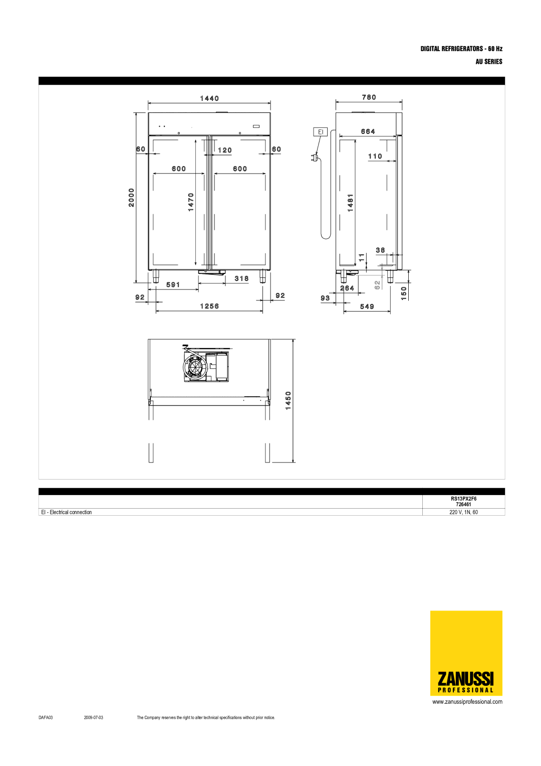 Zanussi 726453, RS06PX1F6, RS13PX2F6 dimensions 726461 