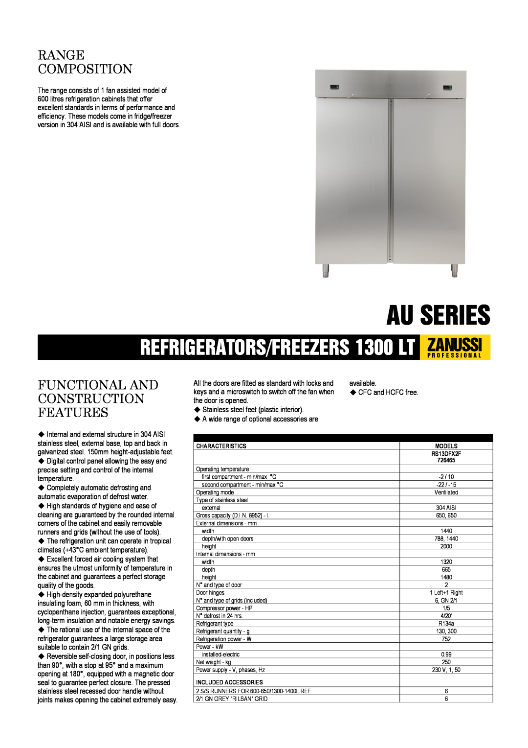 Zanussi RS13DFX2F, 726465 dimensions Au Series, Range Composition, Functional And Construction Features 