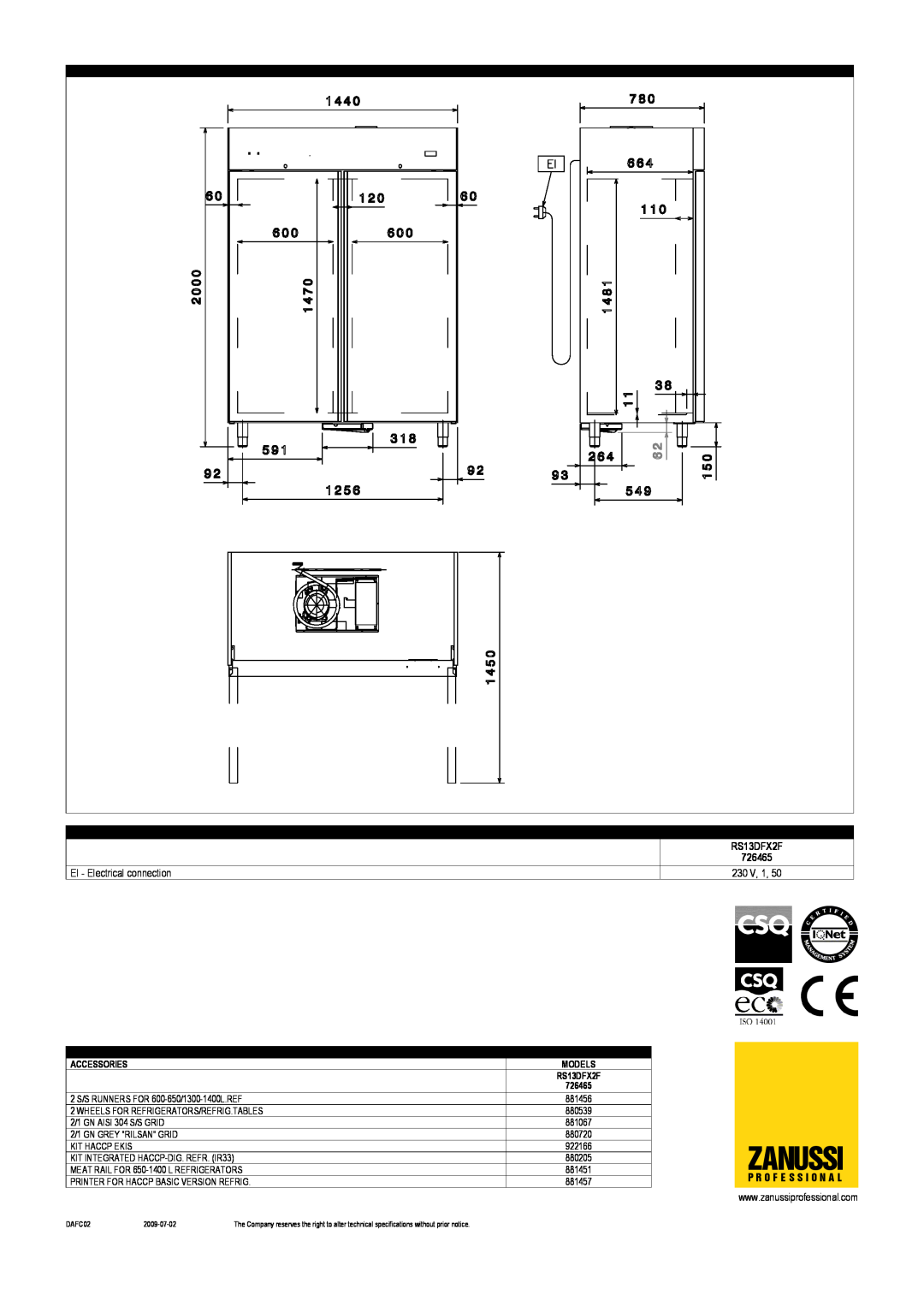Zanussi 726465 dimensions Zanussi, EI - Electrical connection, 230, RS13DFX2F, Optional Accessories, Models 