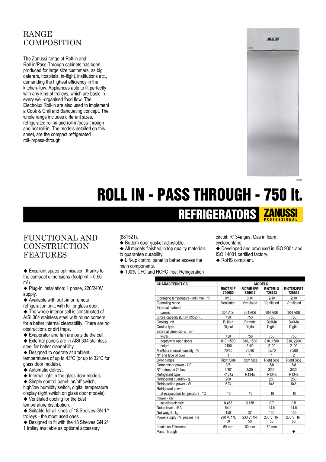 Zanussi 726654, 726653 dimensions Roll in Pass Through 750 lt, Range Composition, Functional and Construction Features 