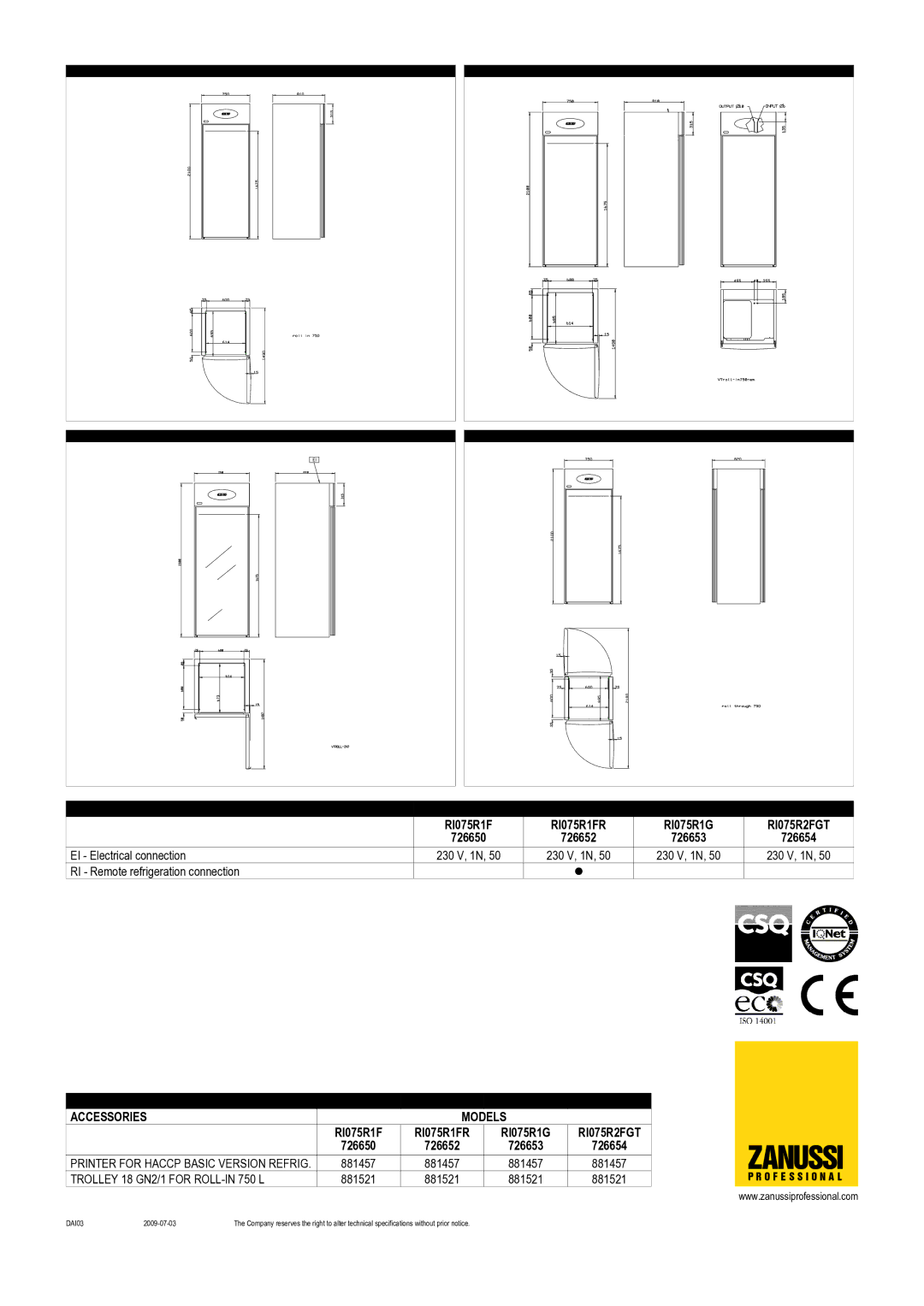 Zanussi 726650, 726653, 726654, 726652, RI075R1G, RI075R1FR, RI075R2FGT dimensions Zanussi, Trolley 18 GN2/1 for ROLL-IN 750 L 