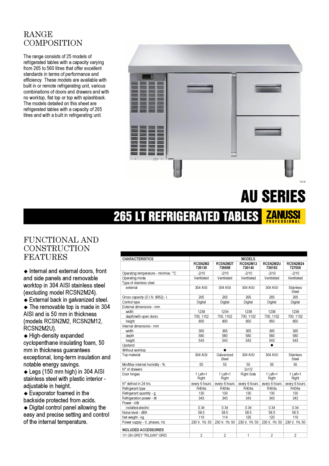 Zanussi 726182, 726668, 726140, 726139, 727006, RCSN2M24, RCSN2M12, RCSN2M2U, RCSN2M2T dimensions AU Series 