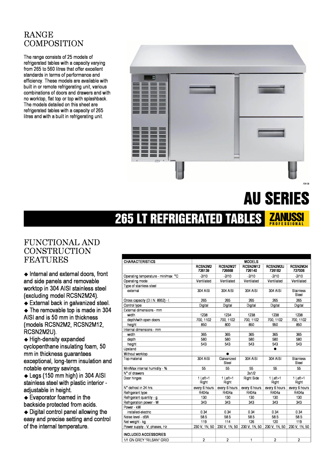 Zanussi 726182, 726668, 726140, 726139, 727006 dimensions Au Series, Range Composition, Functional And Construction Features 