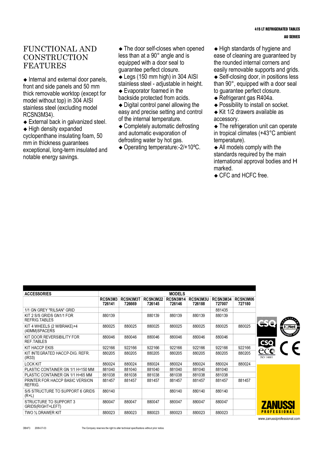 Zanussi 726141, 726669, 726145, 726188, 727180, 726146 Functional and Construction Features, Optional Accessories Models 