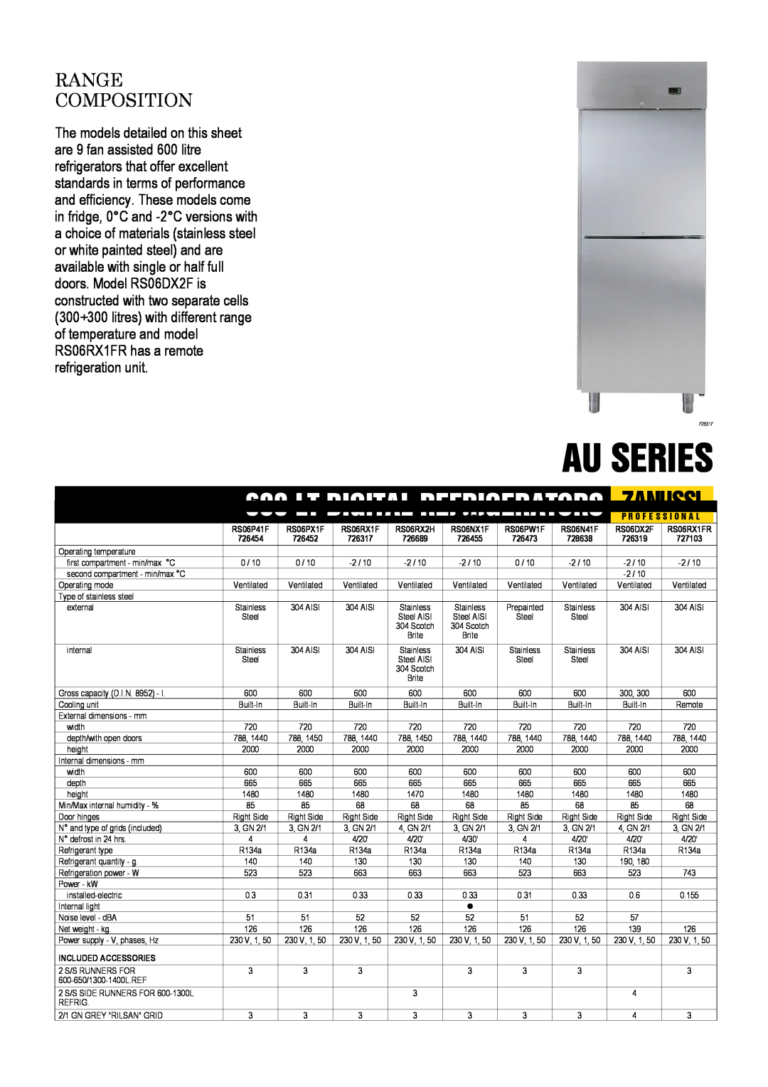 Zanussi 726473 dimensions Zanussi, Range Composition, Au Series, Digital, Refrigerators, Technical Data, Characteristics 