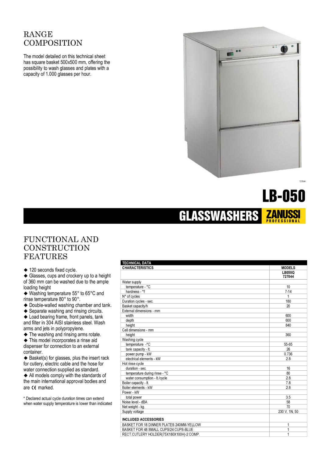 Zanussi LB-050, 727044, LB050Q dimensions Range Composition, Functional and Construction Features, Characteristics Models 