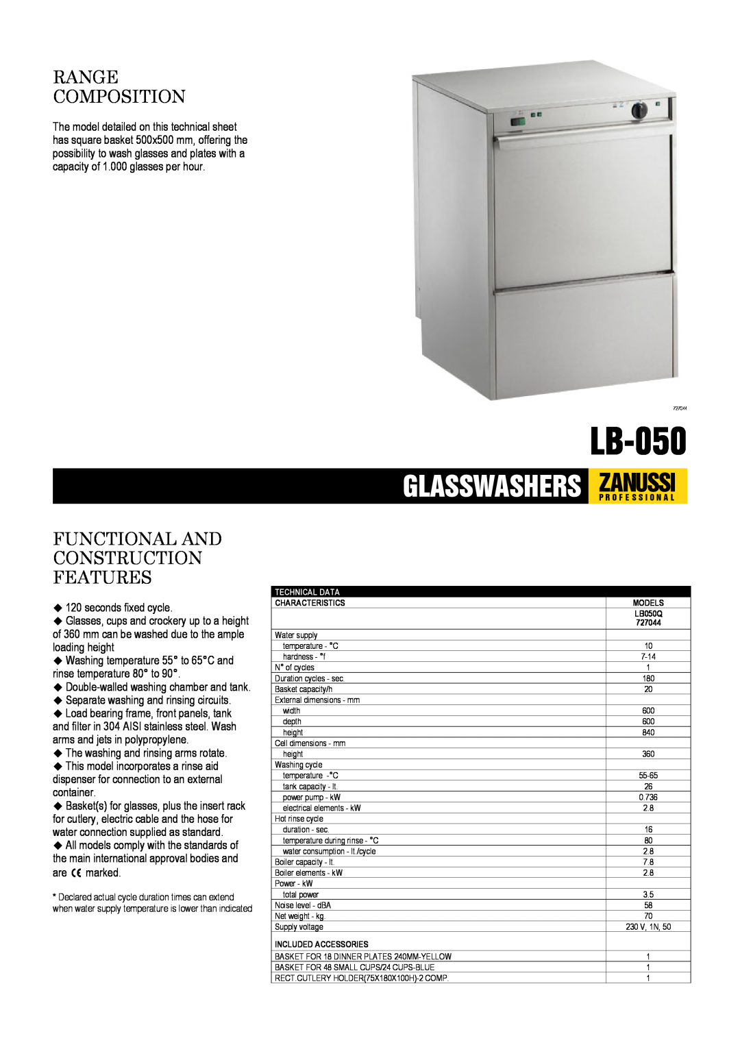 Zanussi LB-050, 727044, LB050Q dimensions Range Composition, Functional And Construction Features, seconds fixed cycle 