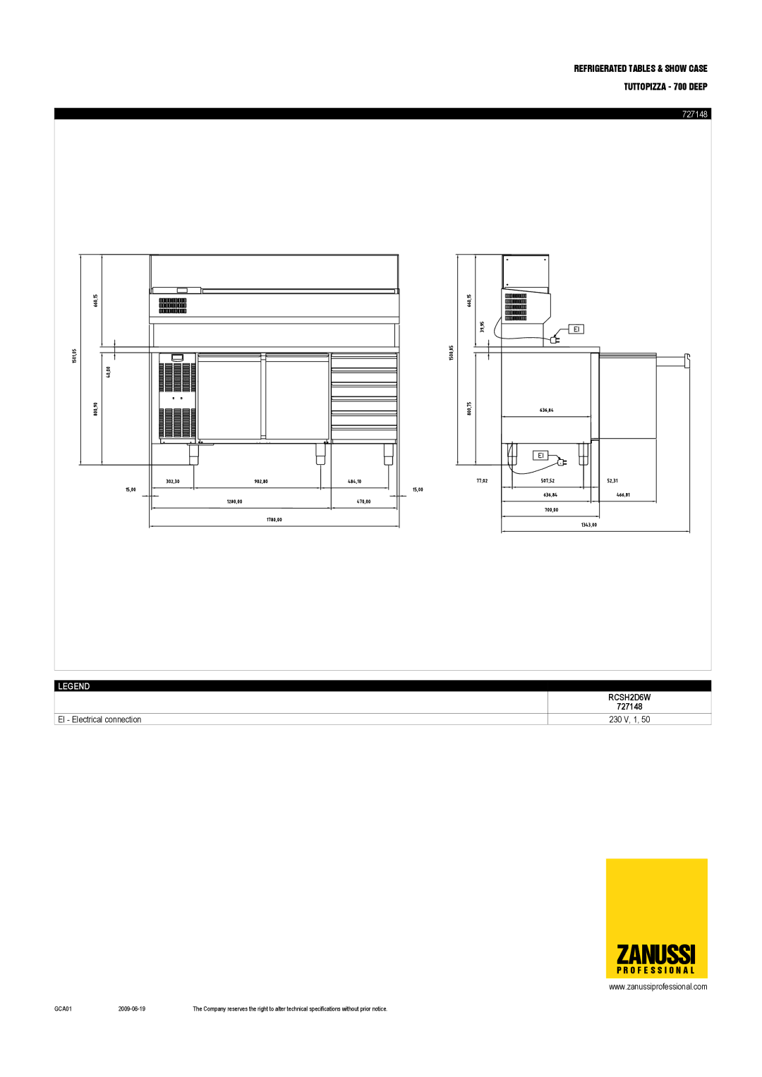 Zanussi RCSH3D, 727150, 727148, 727149, RCSH2D6W, RCSH2D12W dimensions Zanussi 