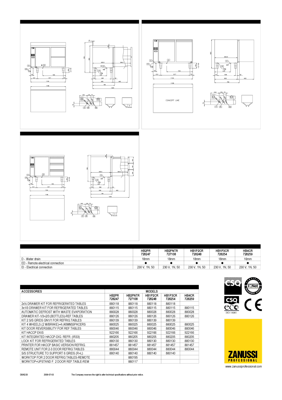 Zanussi 728248, 728259, 728254, 728247, 727108, HB1P2CR, HB1P3CR, HB2PNTR dimensions Optional Accessories Models HB2PR, HB4CR 