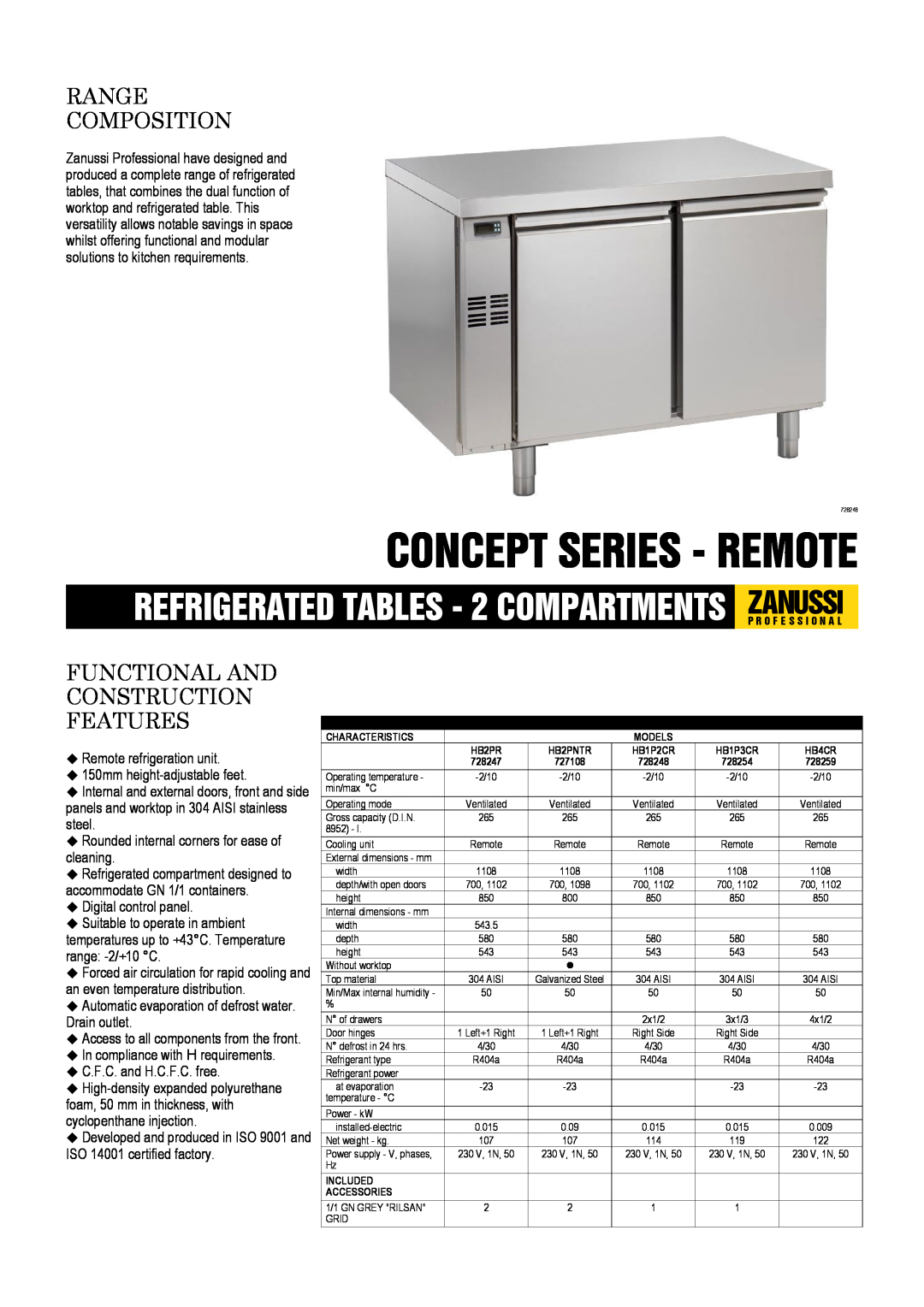 Zanussi 728254, HB2PR dimensions Zanussi, Concept Series - Remote, REFRIGERATED TABLES - 2 COMPARTMENTS, Range Composition 