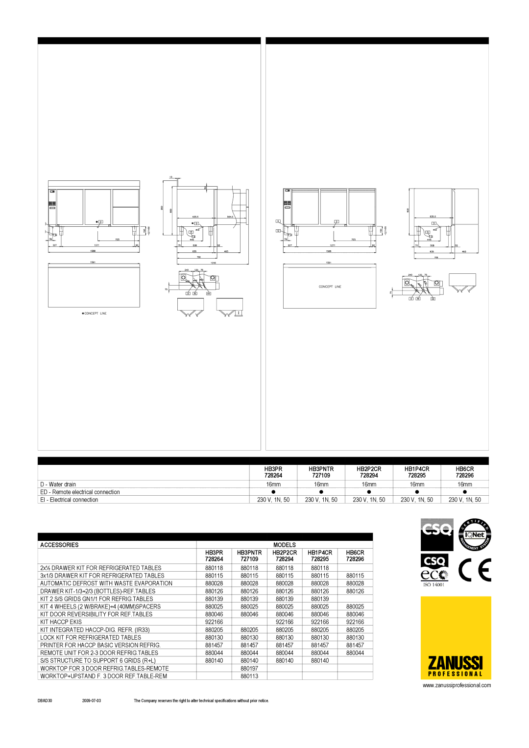 Zanussi 728294, 728296, 728295, 728264, 727109, HB1P4CR, HB2P2CR, HB3PNTR dimensions Optional Accessories Models HB3PR, HB6CR 