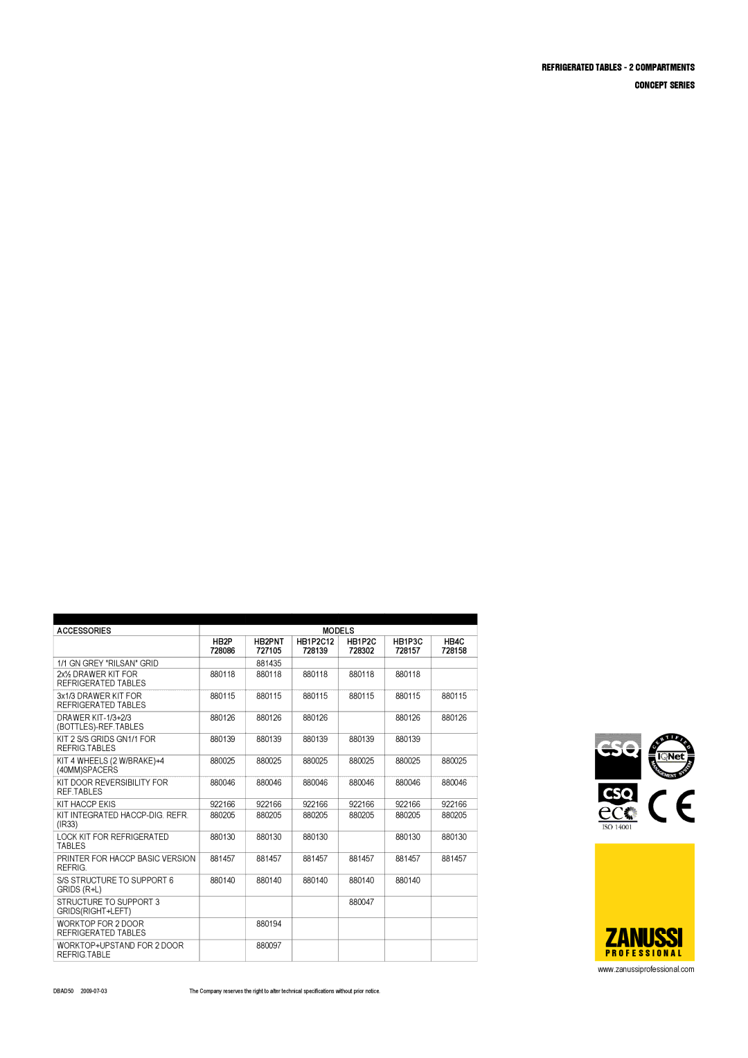 Zanussi 728158, 728302, 728157, 727105, 728139, 728086, HB2PNT, HB1P3C, HB4C, HB1P2C12 Zanussi, Optional Accessories Models 