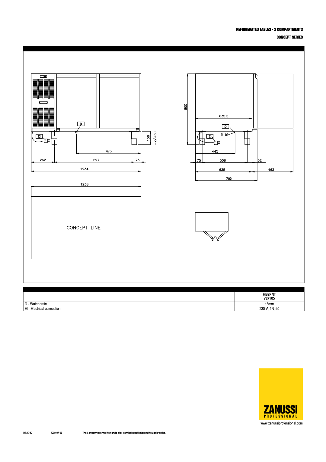 Zanussi 728139 Zanussi, REFRIGERATED TABLES - 2 COMPARTMENTS, Concept Series, HB2PNT, 727105, 18mm, DBAD50, 2009-07-03 