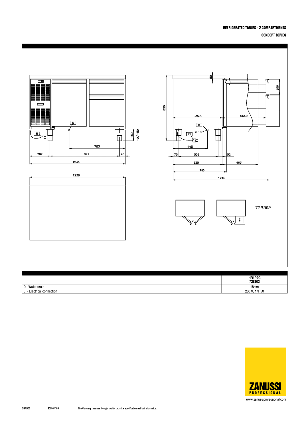 Zanussi 728086 Zanussi, REFRIGERATED TABLES - 2 COMPARTMENTS, Concept Series, HB1P2C, 728302, 18mm, DBAD50, 2009-07-03 