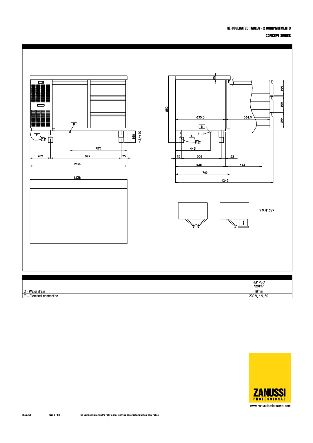 Zanussi HB2P Zanussi, REFRIGERATED TABLES - 2 COMPARTMENTS, Concept Series, HB1P3C, 728157, 18mm, P R O F E S S I O N A L 
