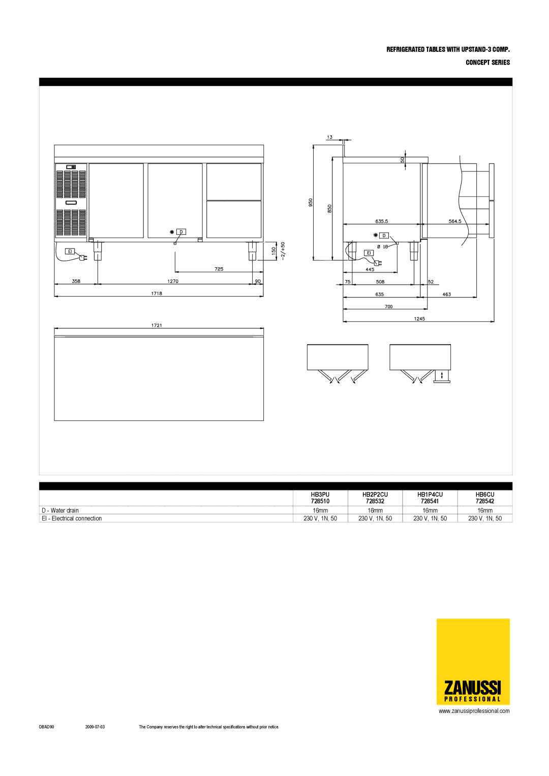 Zanussi 728542, 728532, 728541, 728510, HB1P4CU, HB6CU, HB2P2CU, HB3PU Water drain, EI Electrical connection 230 V, 1N, DBAD90 