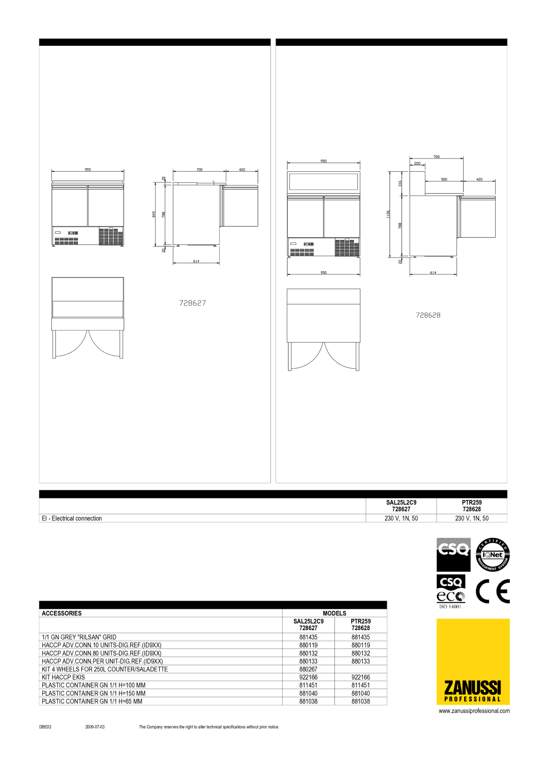 Zanussi PTR259, 728627, 728628, SAL25L2C9 dimensions Optional Accessories Models 