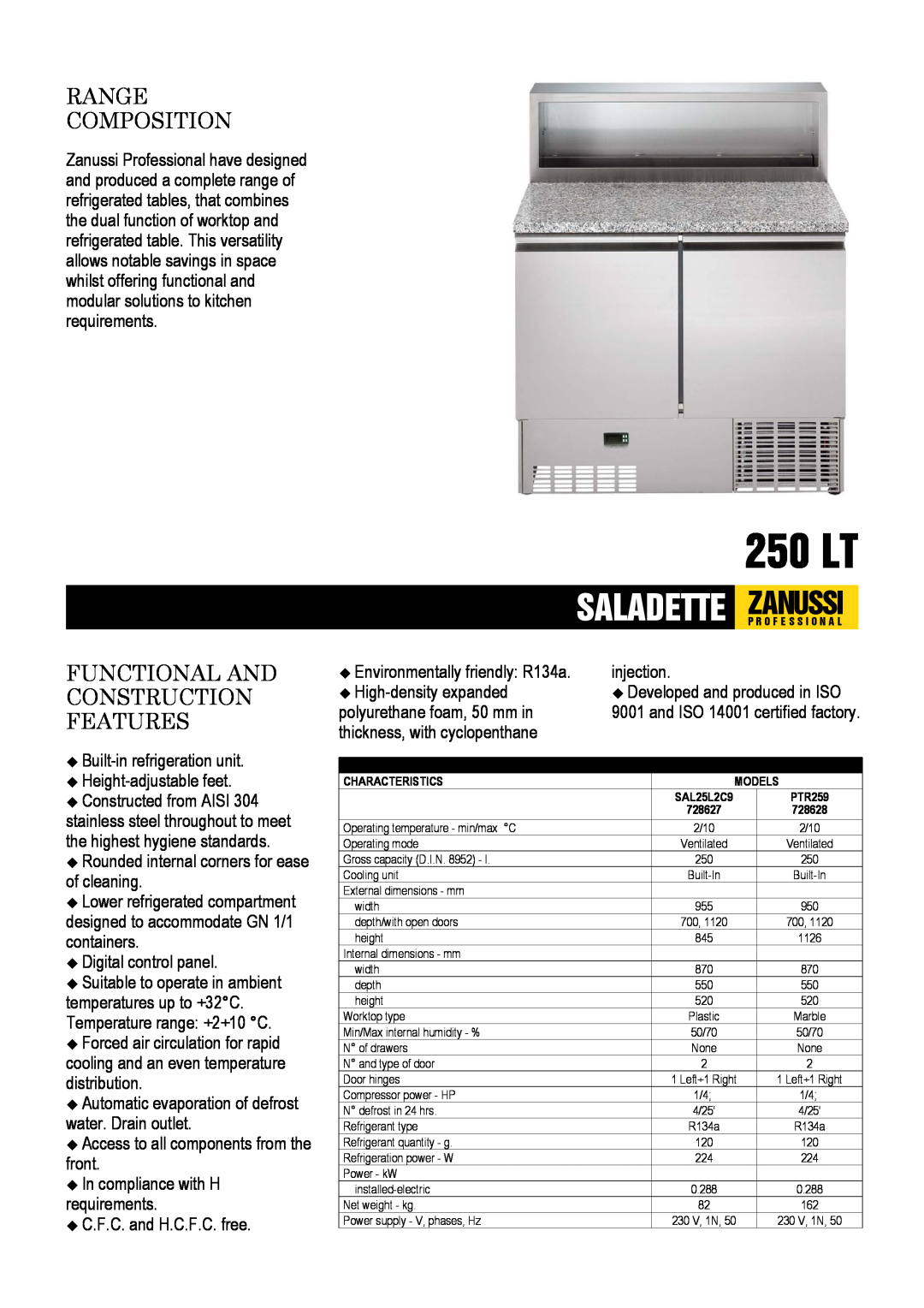 Zanussi 728628, 728627 dimensions Zanussi, 250 LT, Saladette, Range Composition, Functional And Construction Features 