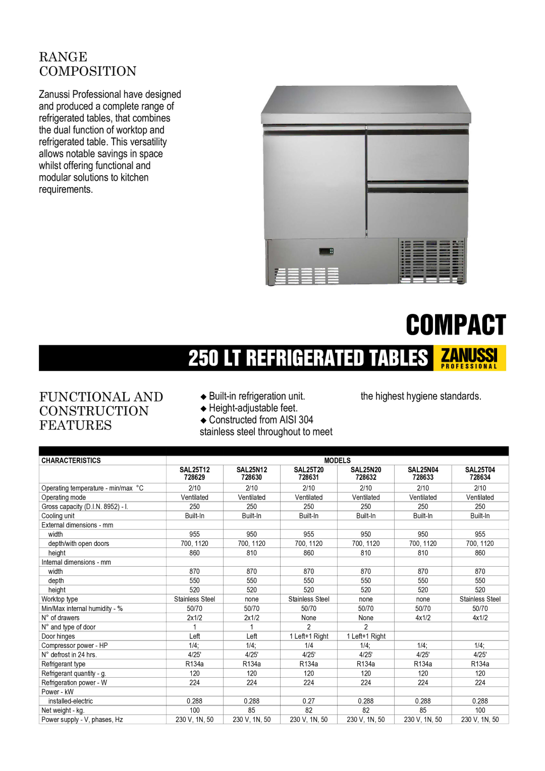 Zanussi 728629, 728631, 728634, 728632, 728633, 728630, SAL25T04, SAL25N12, SAL25N20, SAL25T20, SAL25N04 dimensions Compact 