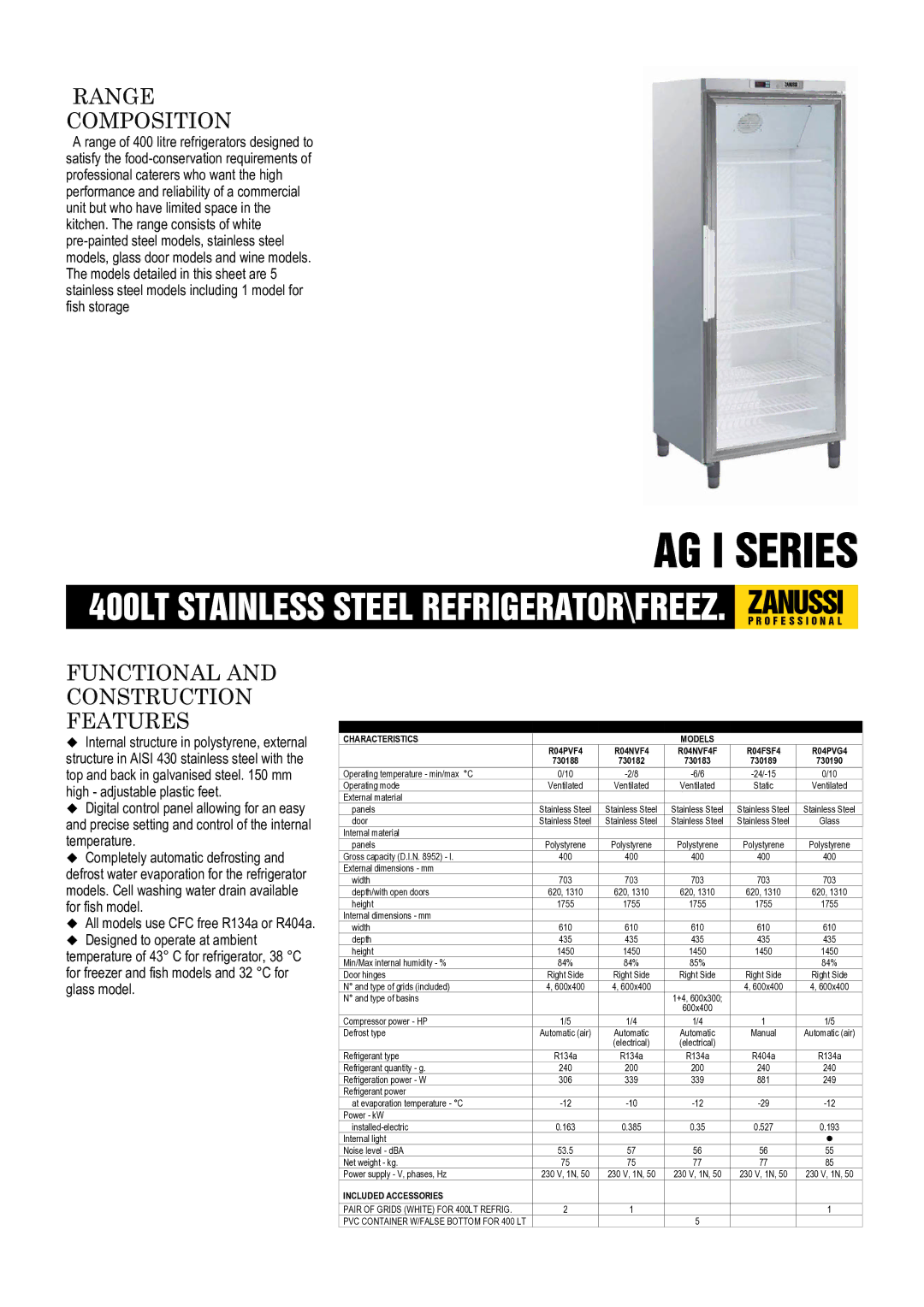 Zanussi 730188, 730189, 730183, 730182, 730190, R04PVF4, R04FSF4, R04NVF4F, R04PVG4 dimensions AG I Series 