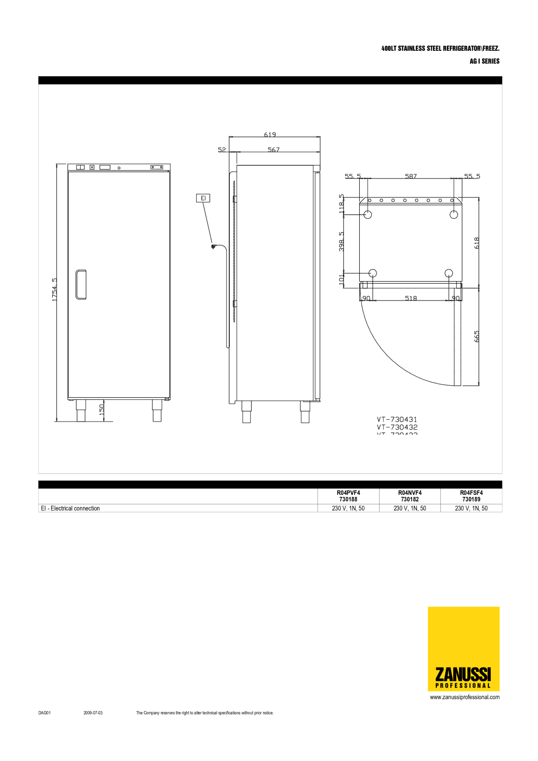 Zanussi 730182, 730189, 730188, 730183, 730190, R04PVF4, R04FSF4, R04NVF4F, R04PVG4 dimensions Zanussi 