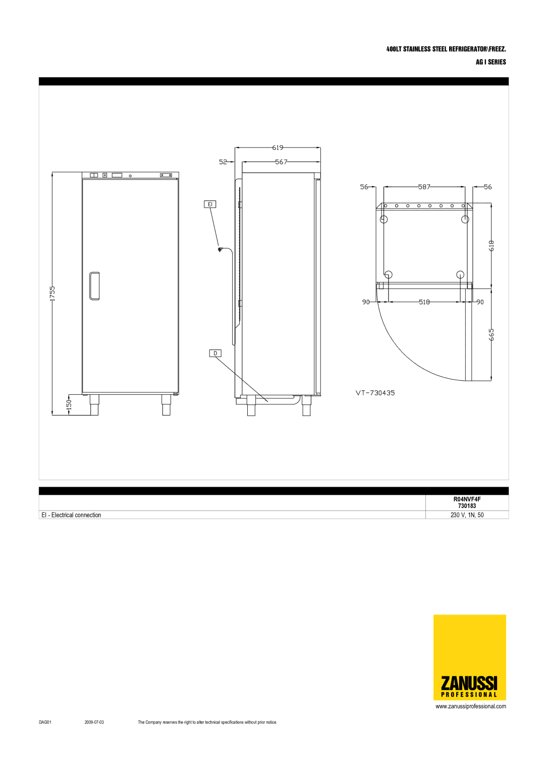 Zanussi 730190, 730189, 730188, 730182, R04PVF4, R04FSF4, R04NVF4F, R04PVG4 dimensions 730183 