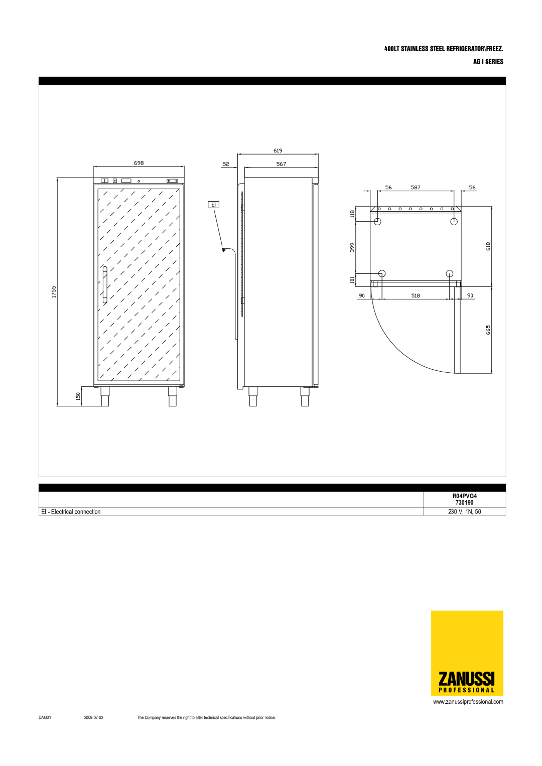 Zanussi R04PVF4, 730189, 730188, 730183, 730182, R04FSF4, R04NVF4F, R04PVG4 dimensions 730190 