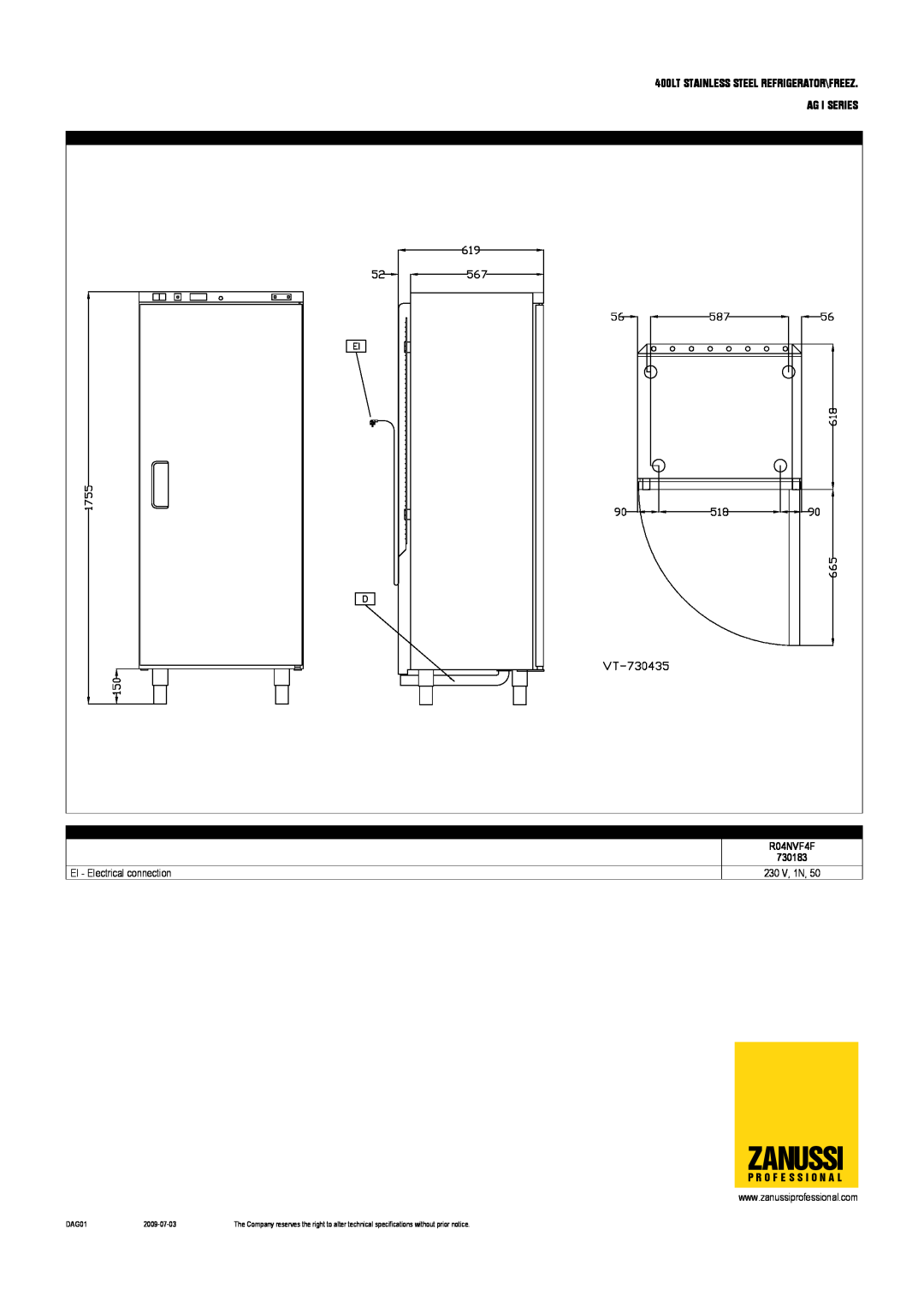 Zanussi 730190, 730189 Zanussi, 730183, EI - Electrical connection, 400LT STAINLESS STEEL REFRIGERATOR\FREEZ, Ag I Series 