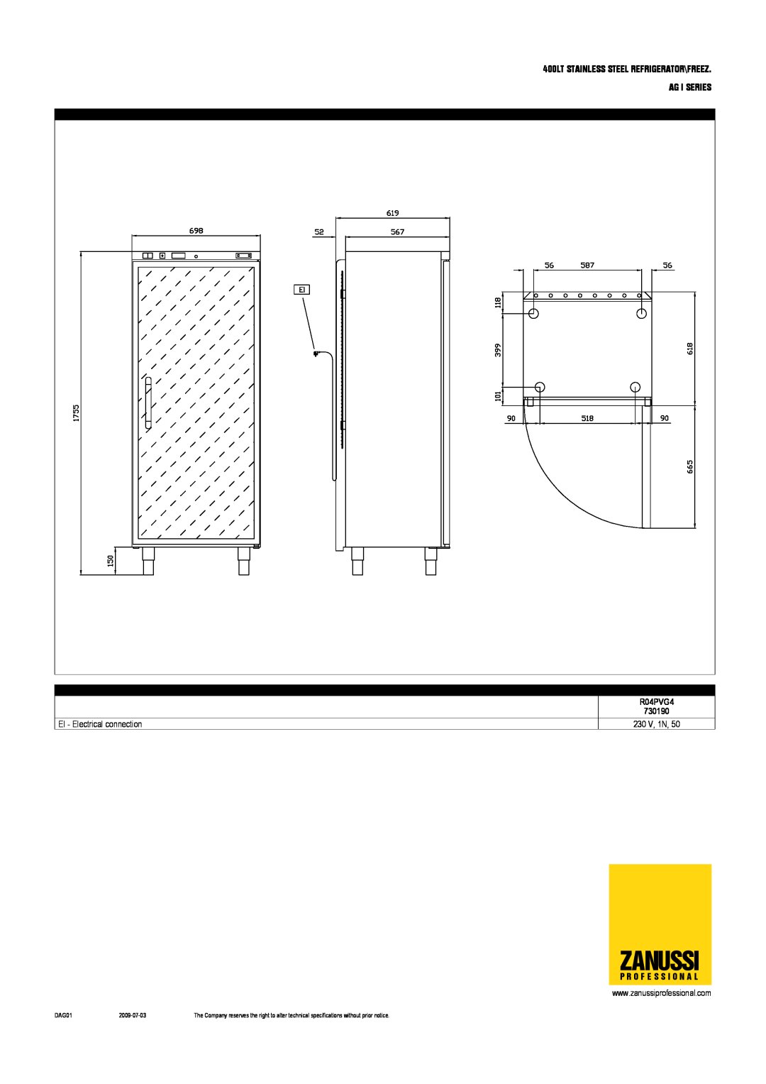 Zanussi R04PVF4, 730189 Zanussi, 730190, EI - Electrical connection, 400LT STAINLESS STEEL REFRIGERATOR\FREEZ, Ag I Series 