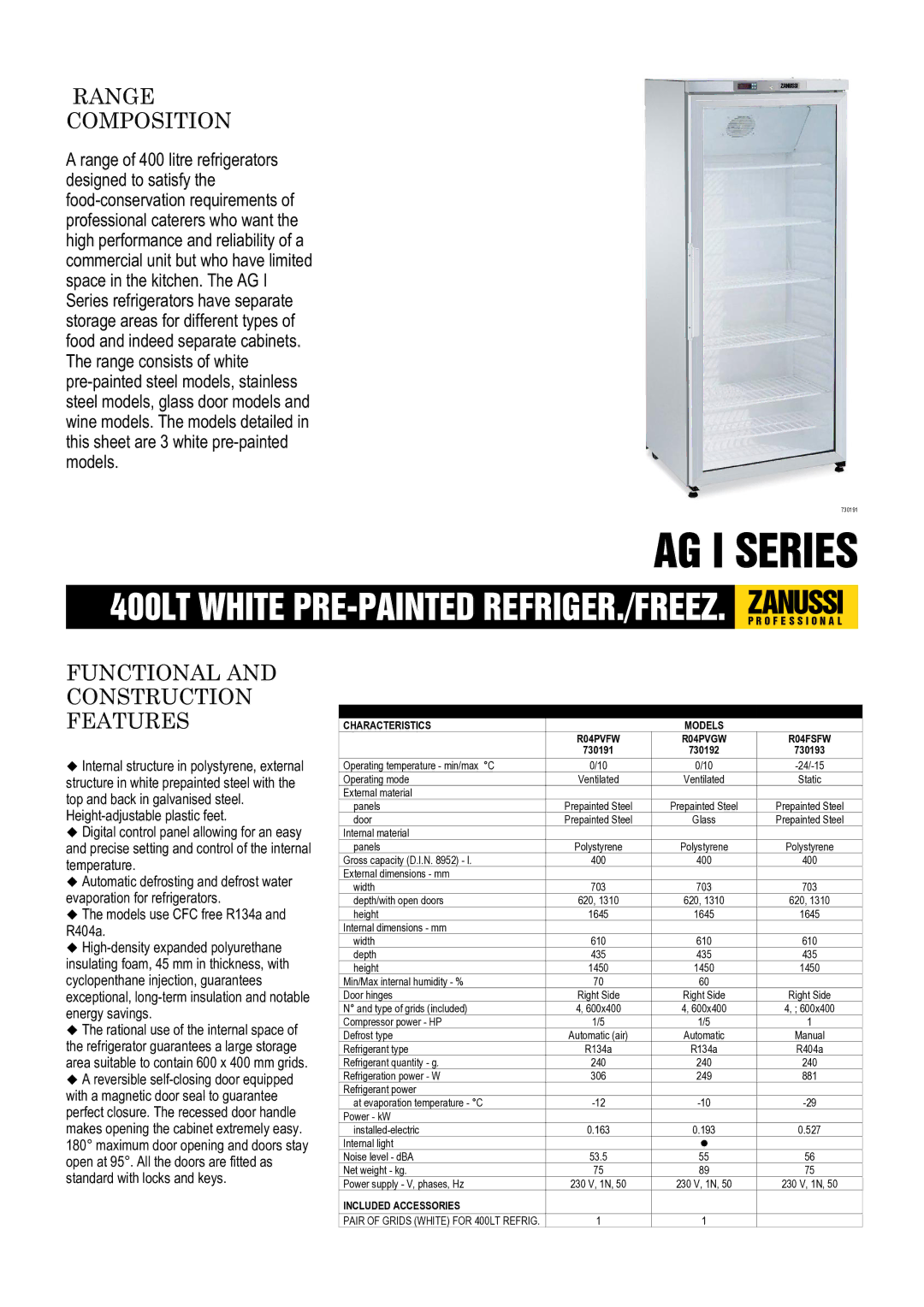Zanussi 730192, 730191, 730193, R04PVGW, R04FSFW, R04PVFW dimensions Technical Data Characteristics, Included Accessories 
