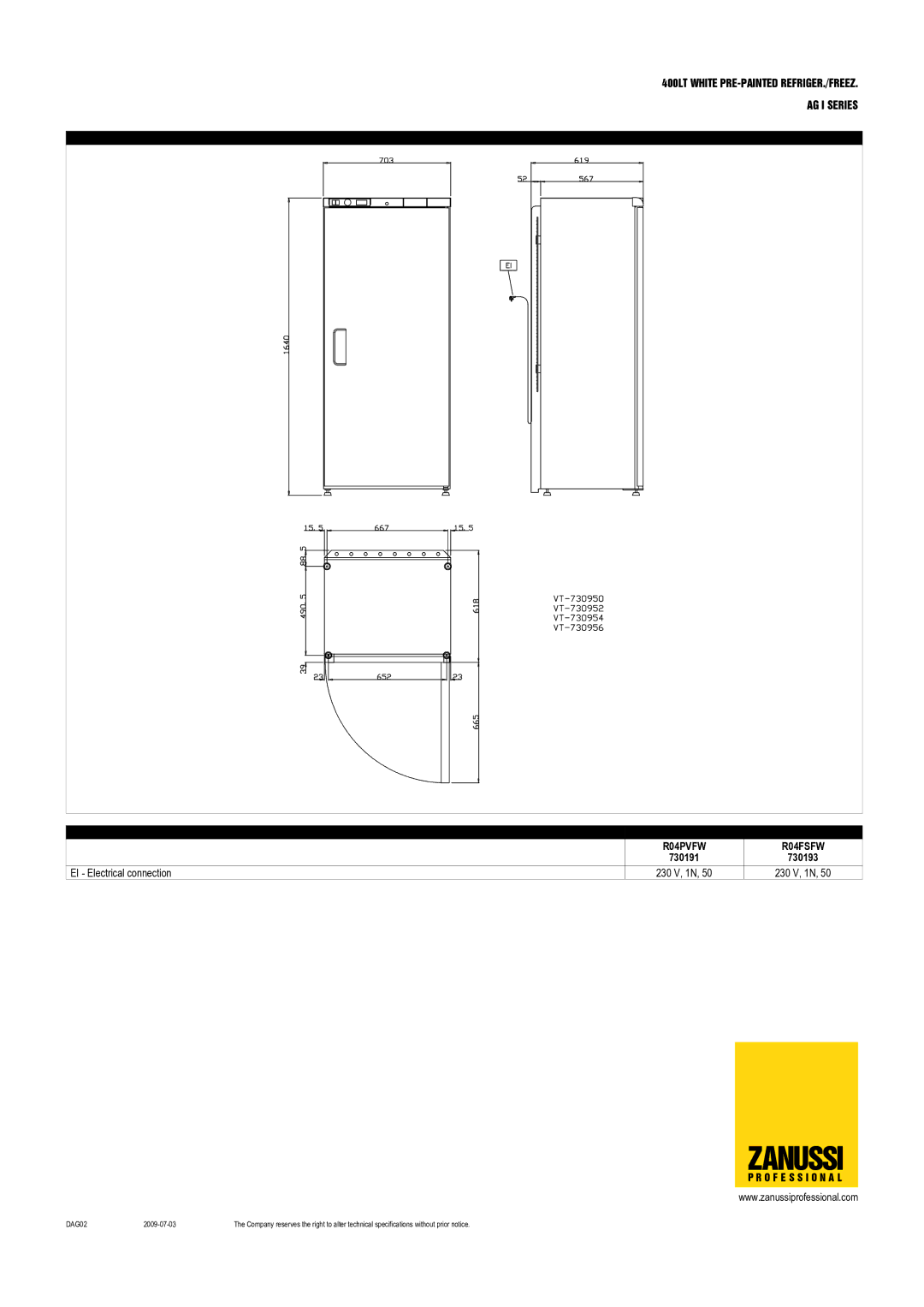 Zanussi R04PVGW, 730191, 730192, 730193 dimensions R04PVFW R04FSFW 