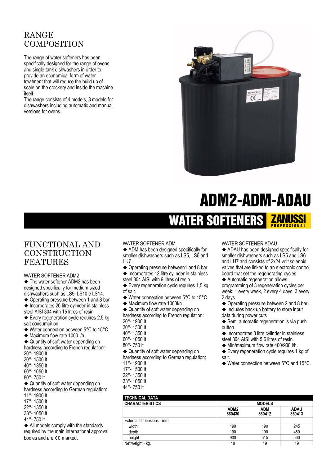 Zanussi ADAU dimensions Range Composition, Functional and Construction Features, Water Softener ADM2, Water Softener Adau 