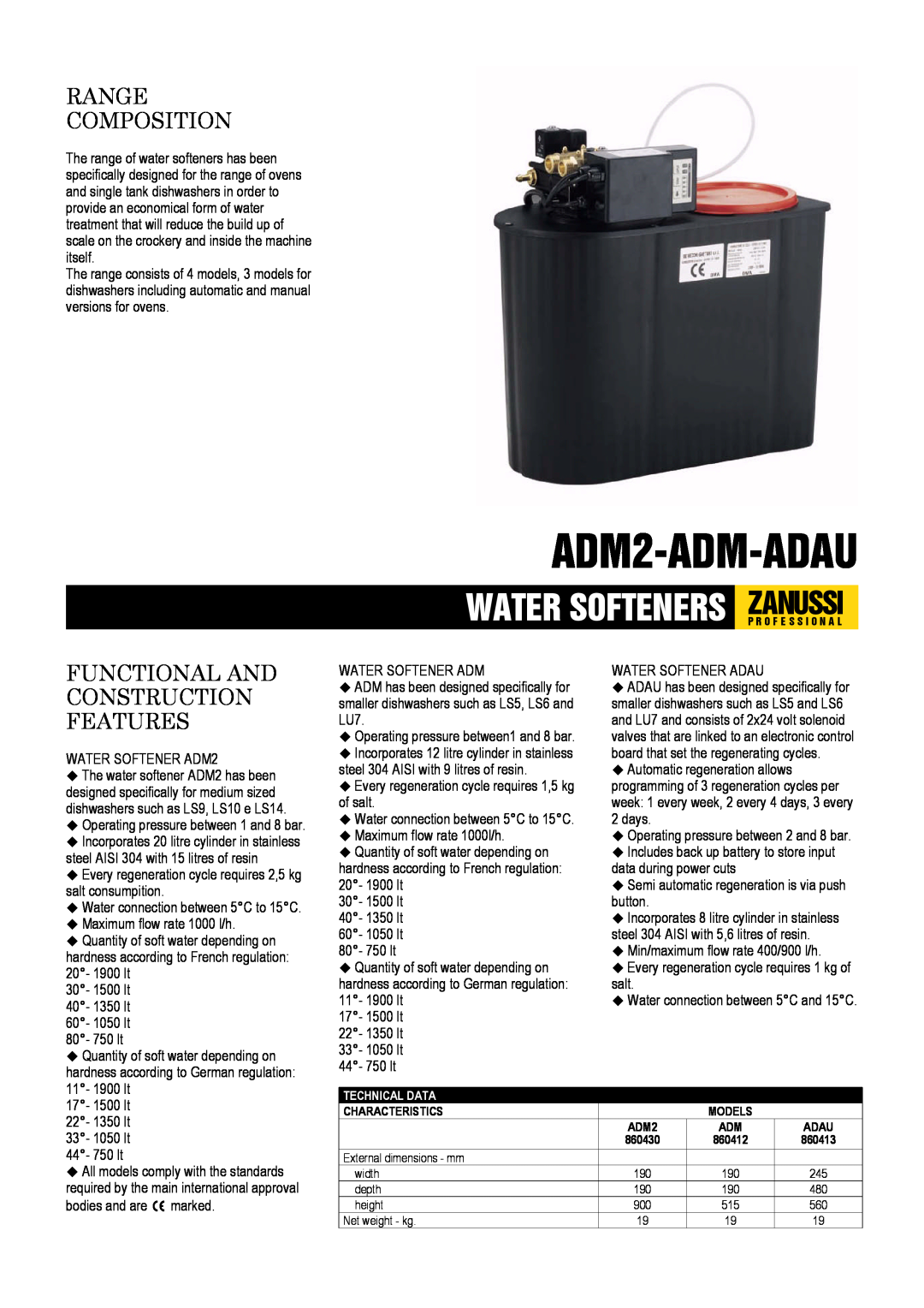 Zanussi 860430, 860413, 860412 dimensions ADM2-ADM-ADAU, Range Composition, Functional And Construction Features 