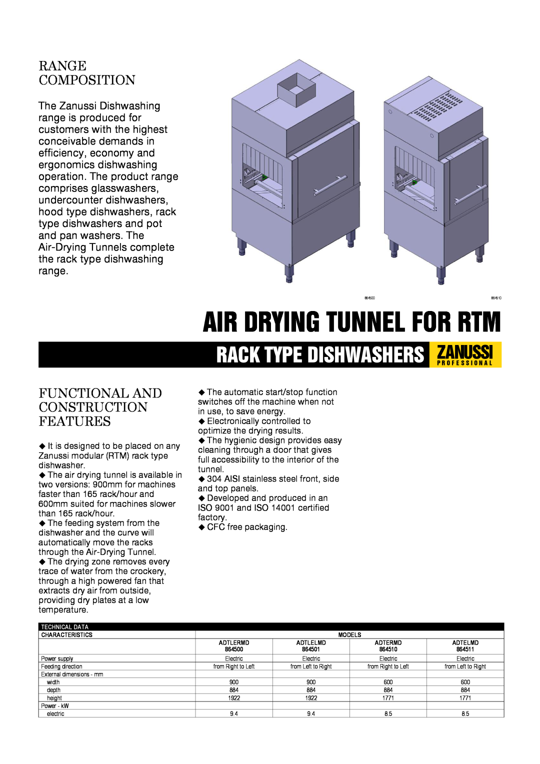 Zanussi 864500, ADTLELMD, ADTELMD dimensions Zanussi, Air Drying Tunnel For Rtm, Rack Type Dishwashers, Range Composition 