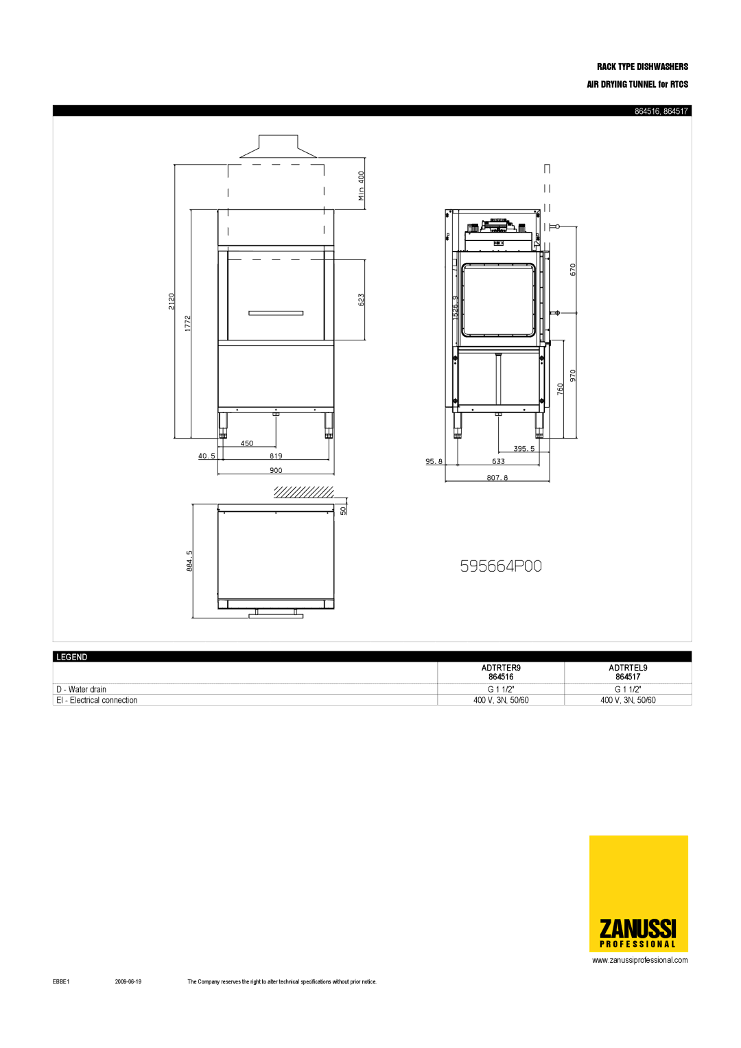 Zanussi 864518, ADTRTER6, ADTRTER9, ADTRTEL6, 864519, ADTRTEL9 dimensions 864516 864517 