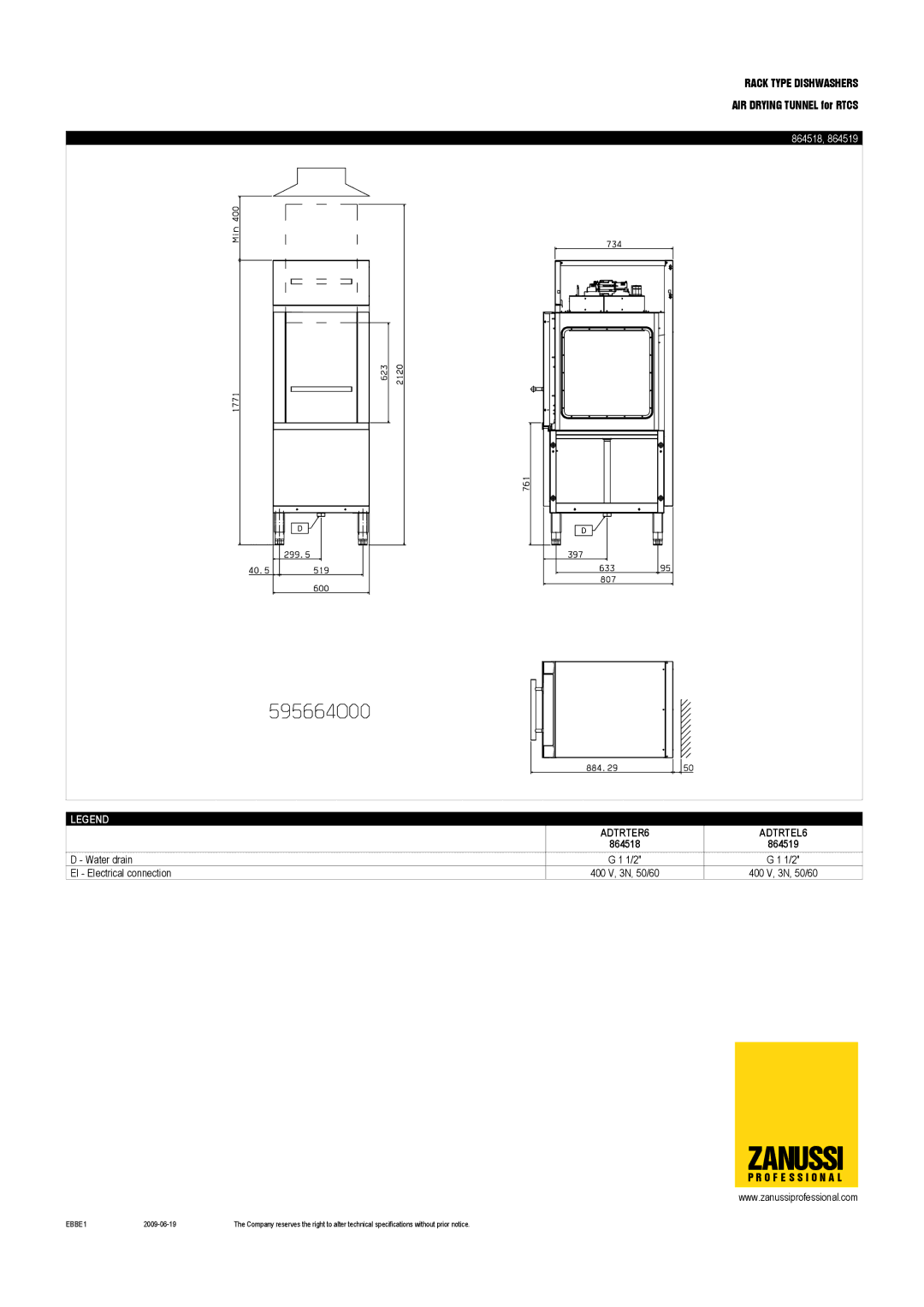 Zanussi ADTRTER6, ADTRTER9, ADTRTEL6, 864516, ADTRTEL9, 864517 dimensions 864518 864519 